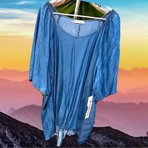 🆕Retrology Women’s plus-size Blue Embellished Rhinestone Denim Blouse❤️❤️3X